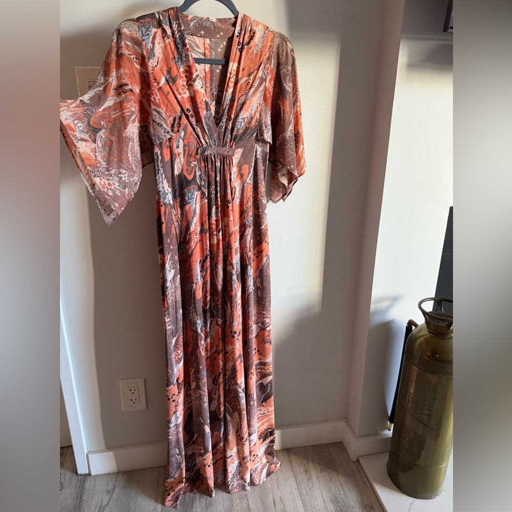 Vintage 60s 70s Retro Boho Peachy Psychedelic Botanical Style Print Maxi Dress S